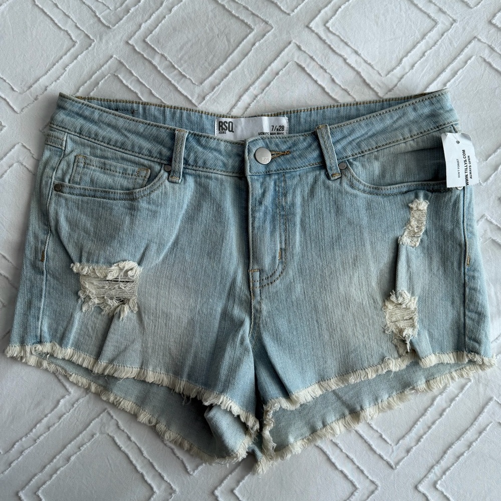 RSQ Faded Blue Frayed Hem Jean Shorts